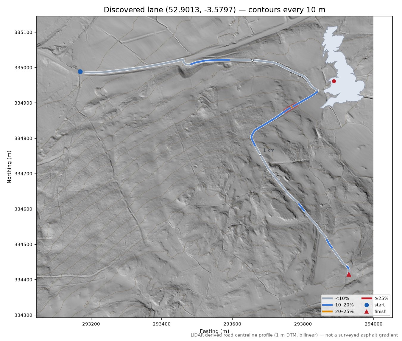 Discovered lane (52.9013, -3.5797) LiDAR hillshade map with contours