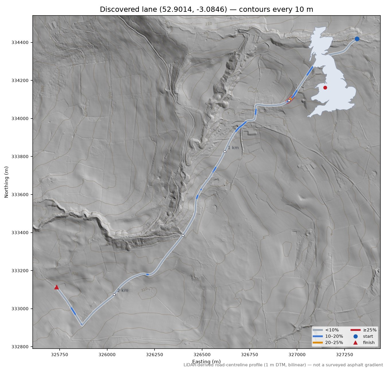 Discovered lane (52.9014, -3.0846) LiDAR hillshade map with contours