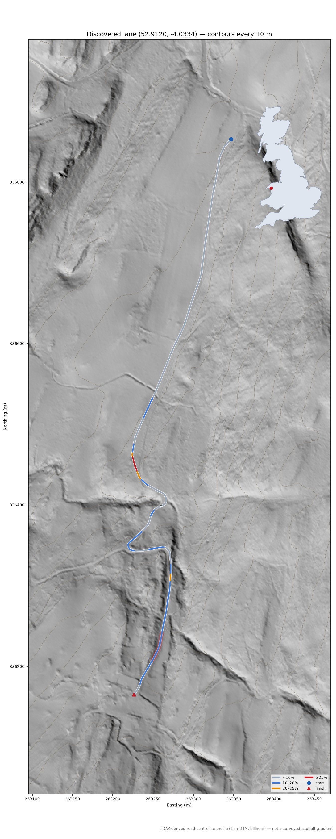 Discovered lane (52.9120, -4.0334) LiDAR hillshade map with contours