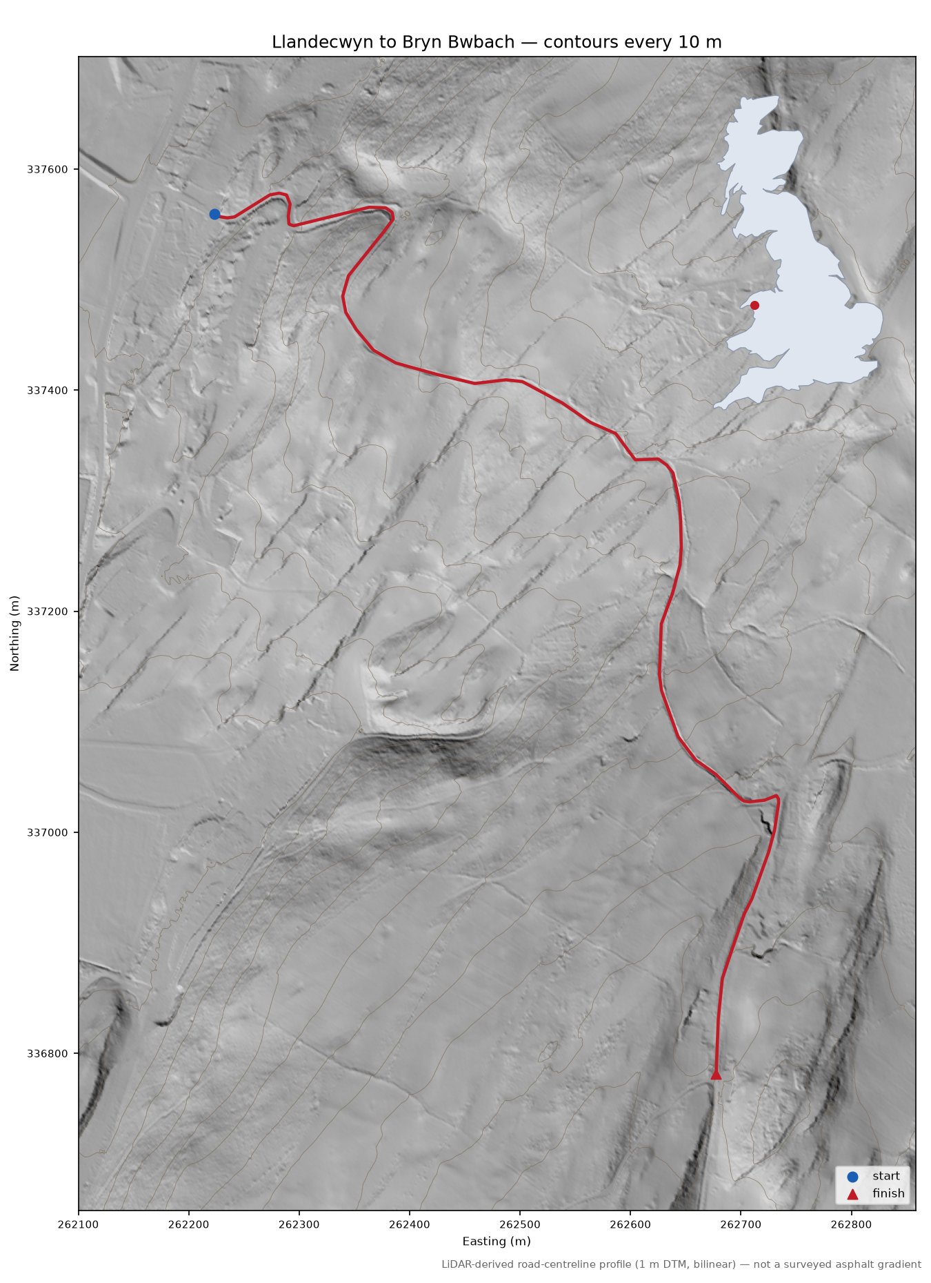 Llandecwyn to Bryn Bwbach LiDAR hillshade map with contours