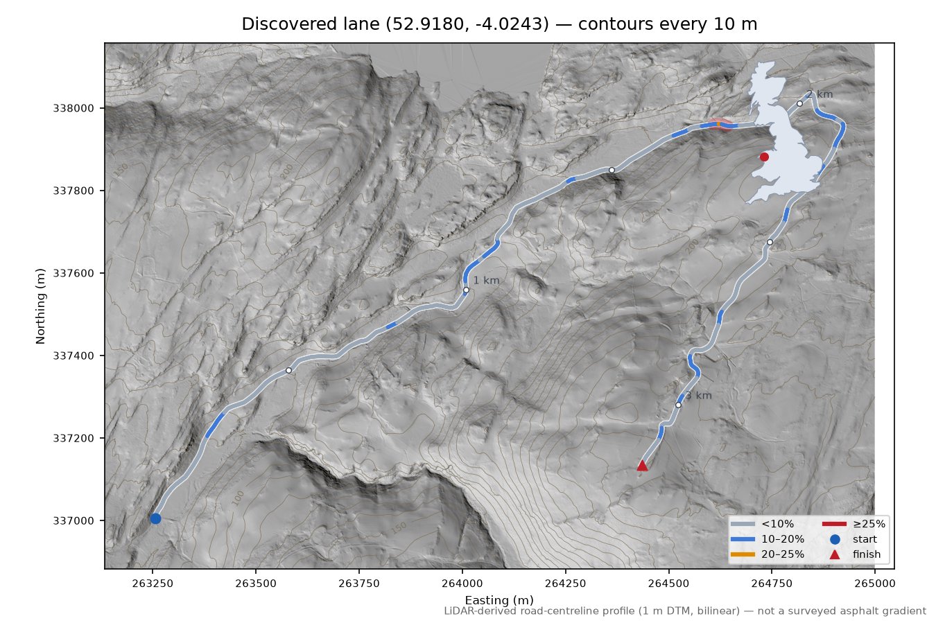 Discovered lane (52.9180, -4.0243) LiDAR hillshade map with contours