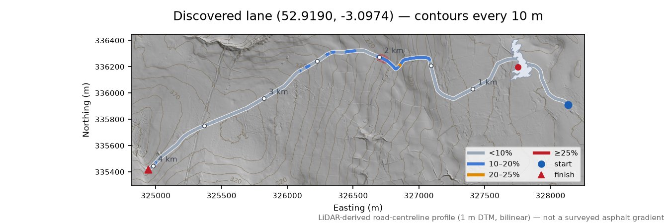 Discovered lane (52.9190, -3.0974) LiDAR hillshade map with contours