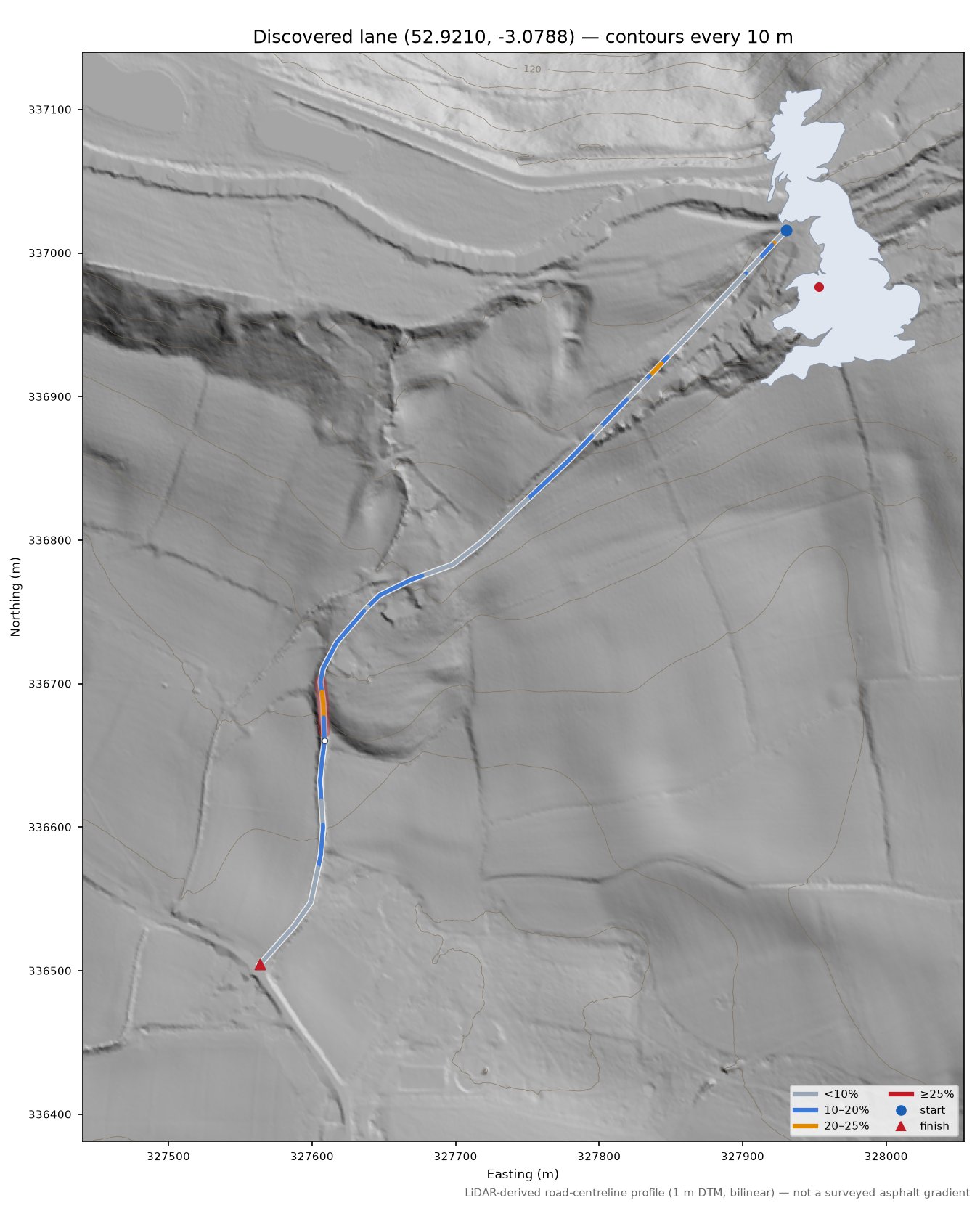 Discovered lane (52.9210, -3.0788) LiDAR hillshade map with contours