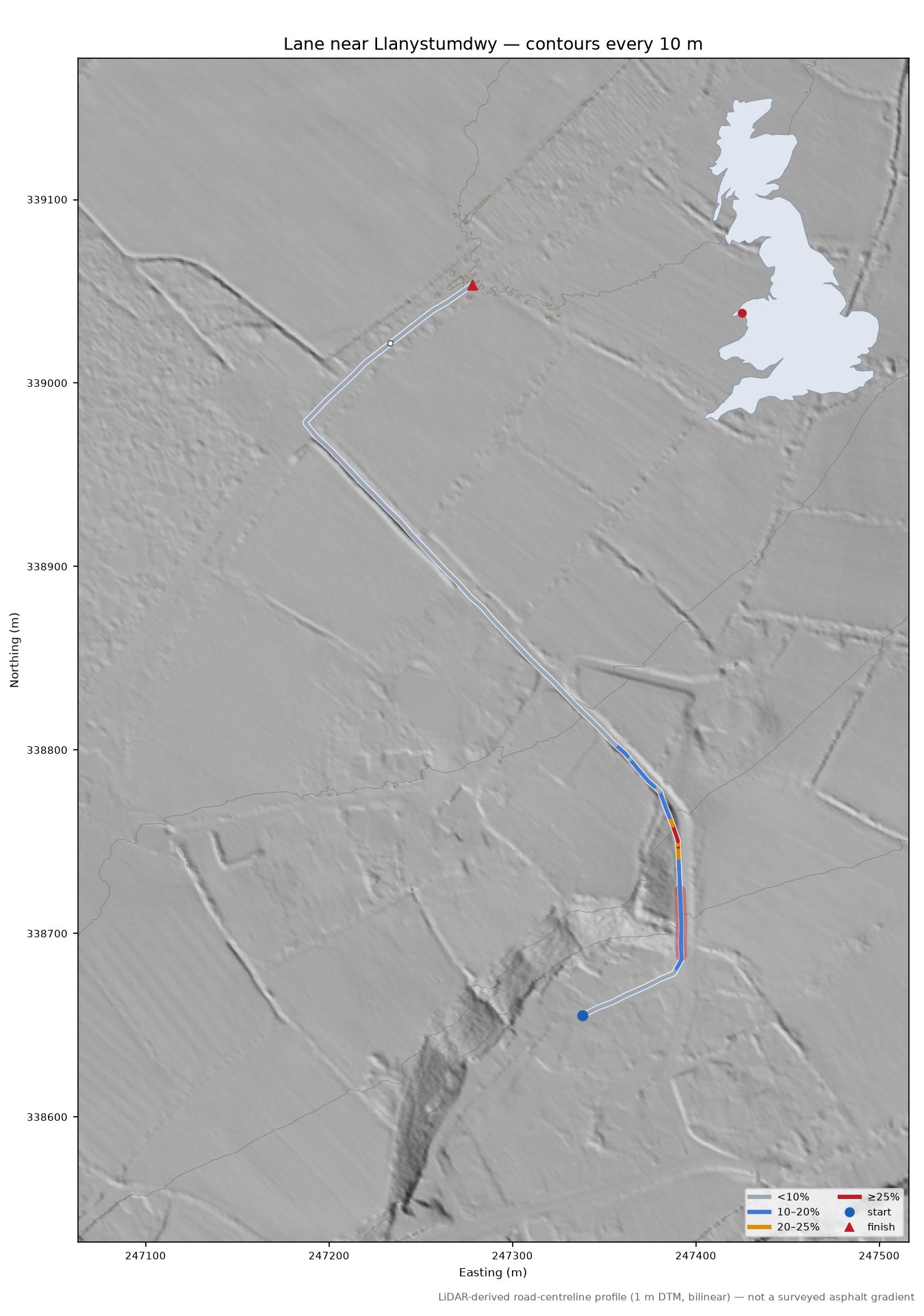 Lane near Llanystumdwy LiDAR hillshade map with contours