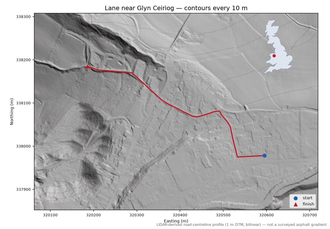 Lane near Glyn Ceiriog LiDAR hillshade map with contours
