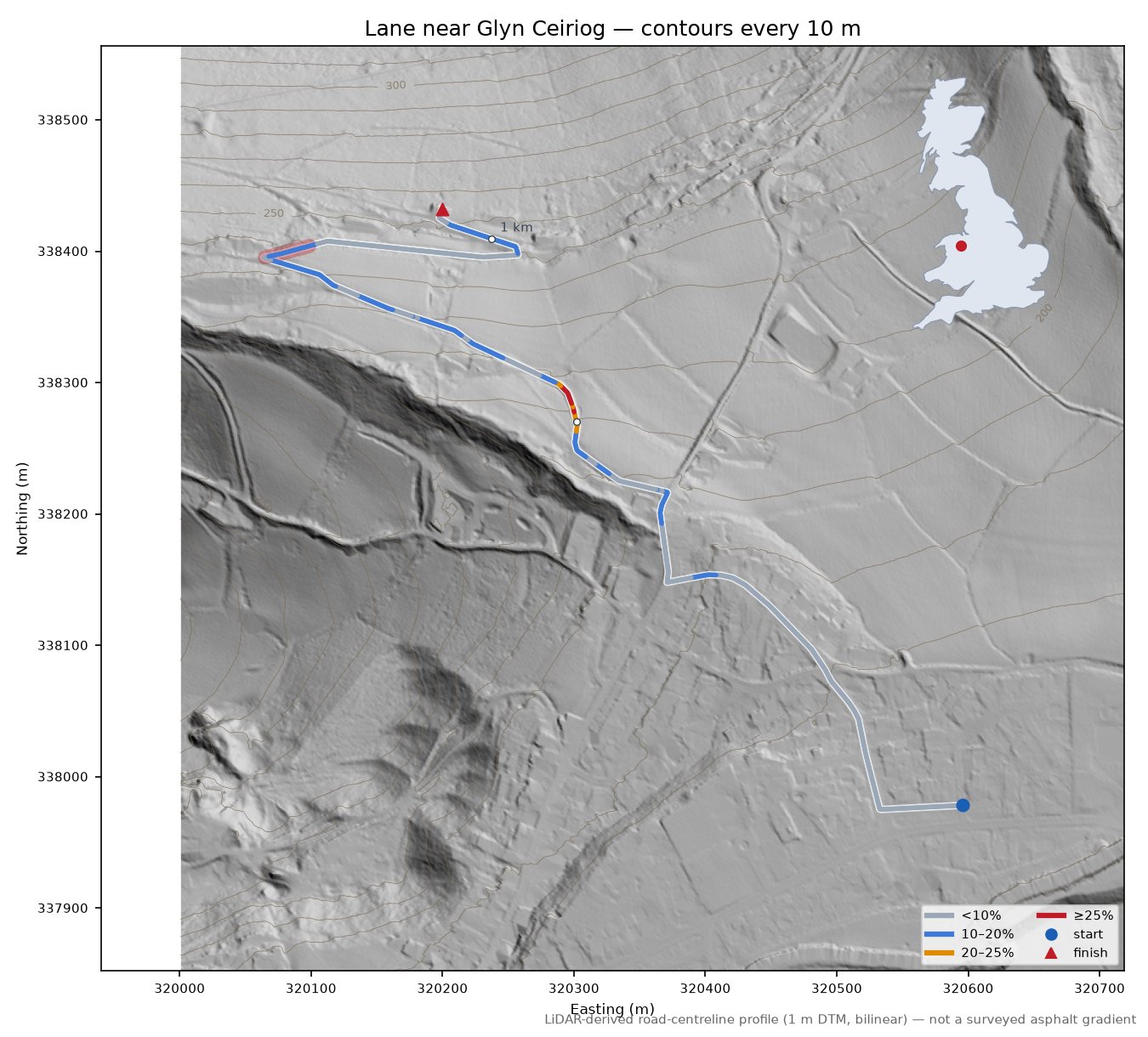 Lane near Glyn Ceiriog LiDAR hillshade map with contours