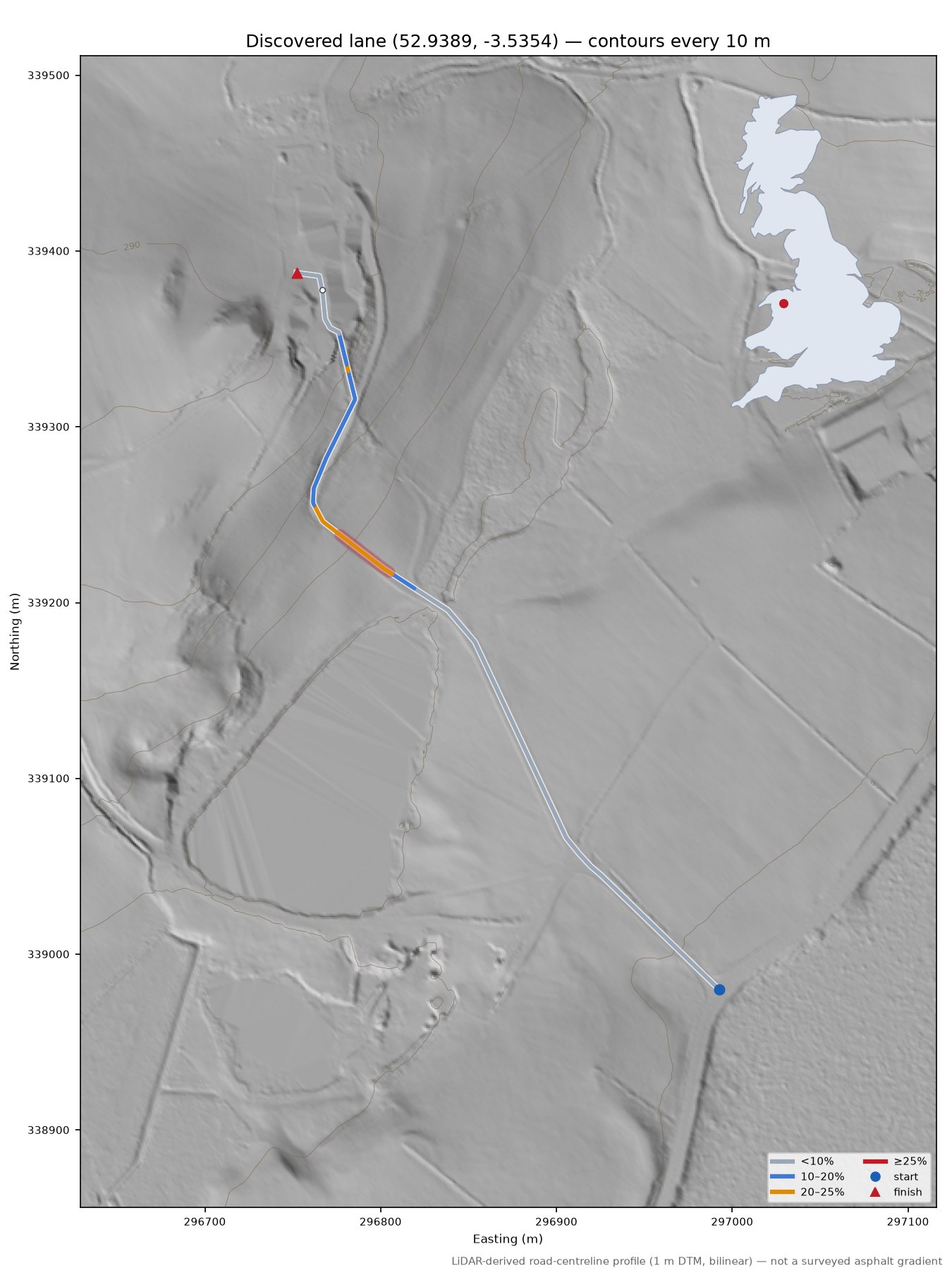 Discovered lane (52.9389, -3.5354) LiDAR hillshade map with contours