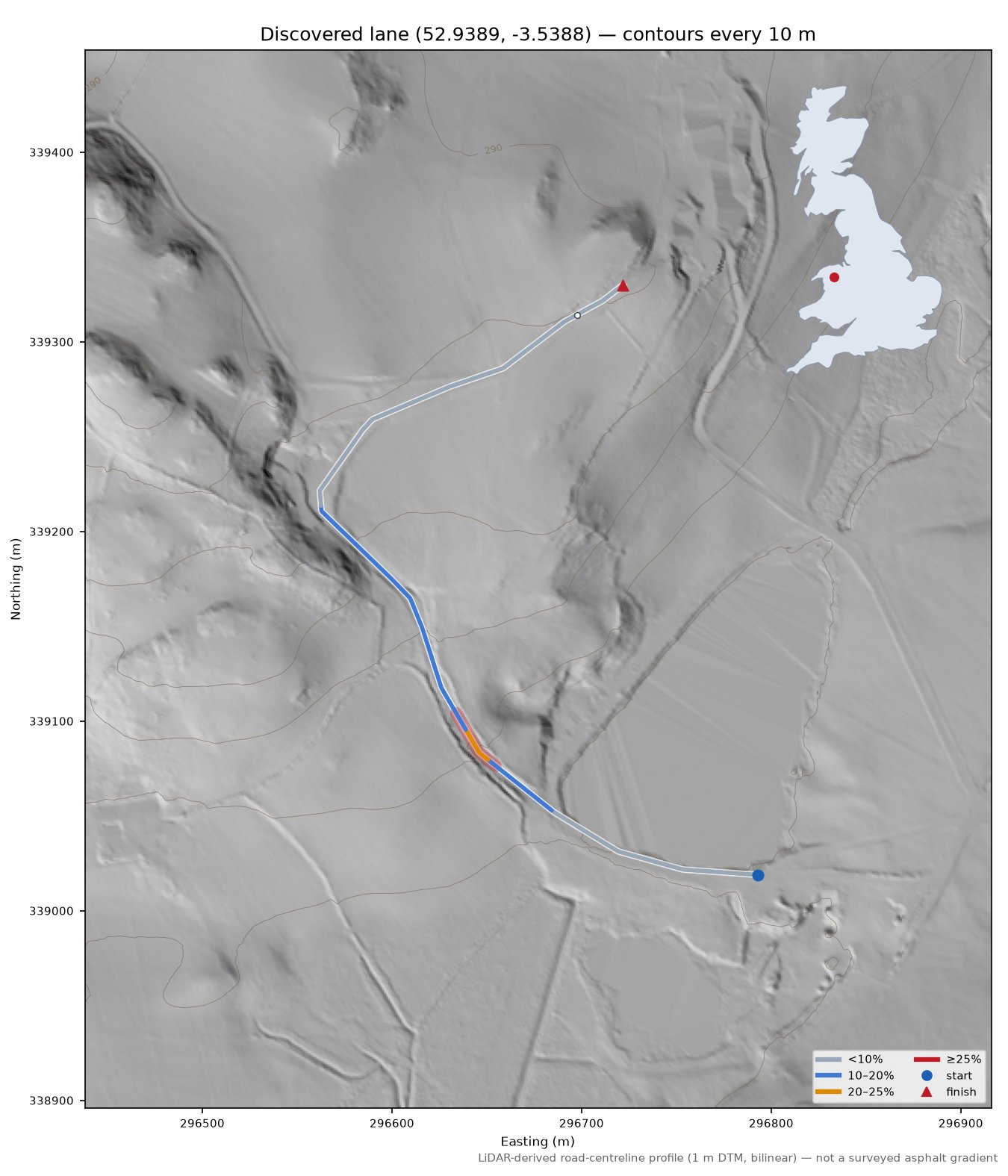 Discovered lane (52.9389, -3.5388) LiDAR hillshade map with contours