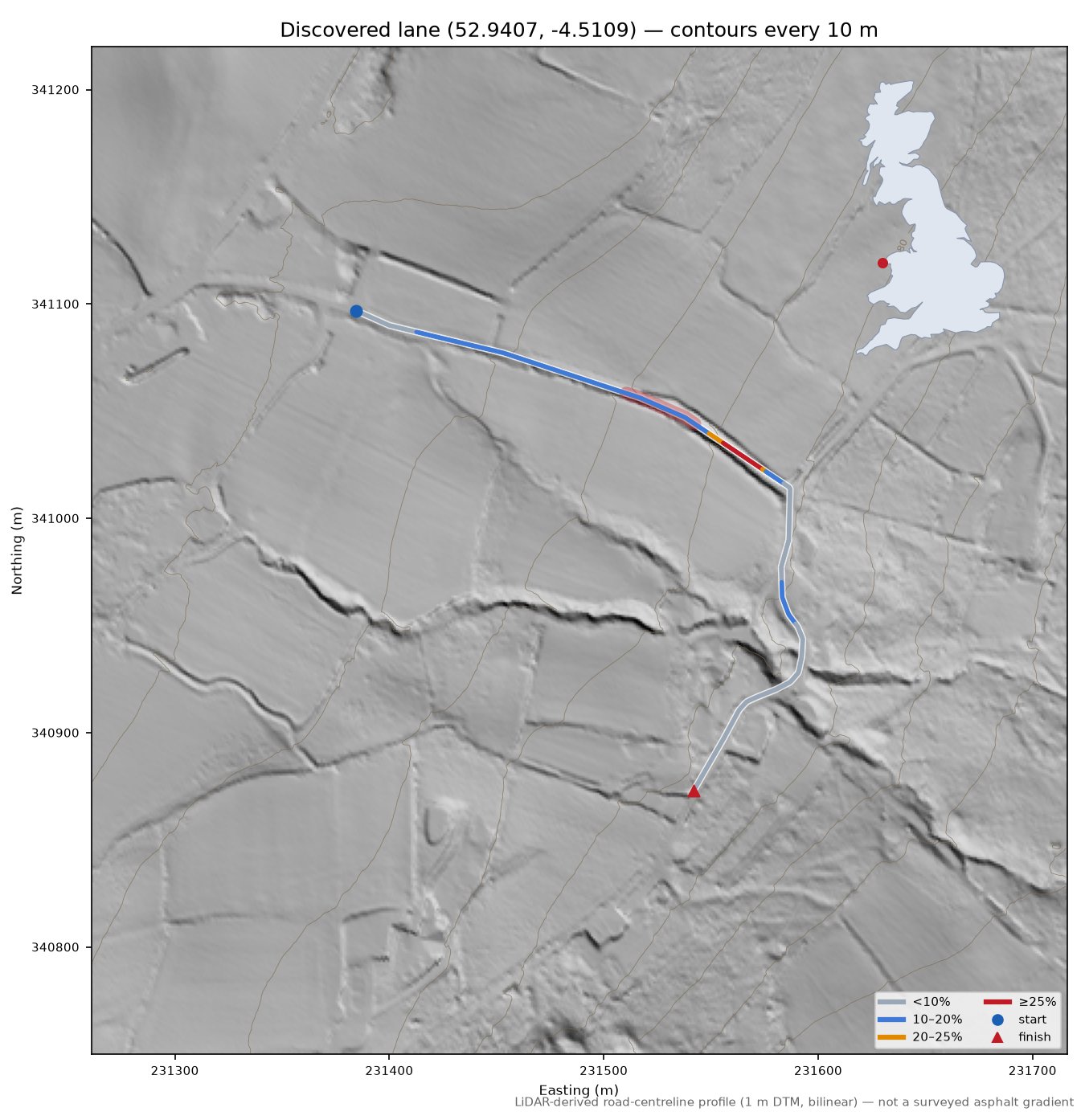 Discovered lane (52.9407, -4.5109) LiDAR hillshade map with contours