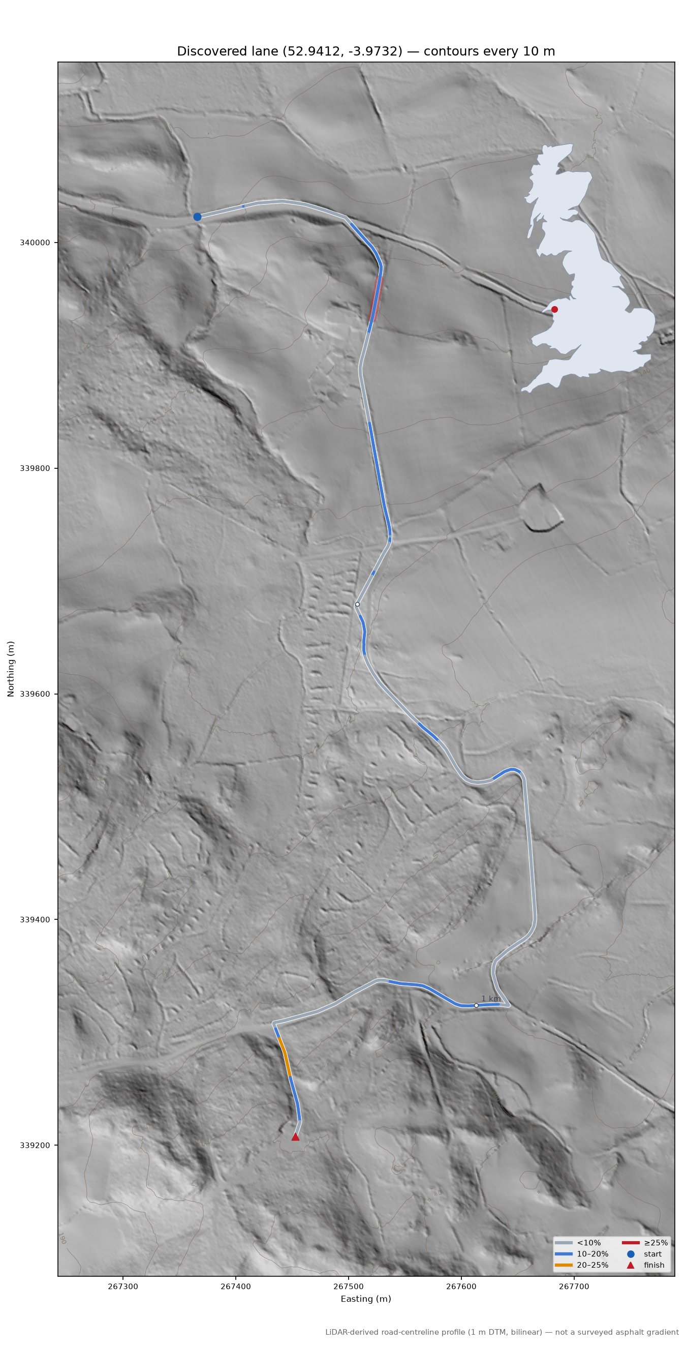Discovered lane (52.9412, -3.9732) LiDAR hillshade map with contours