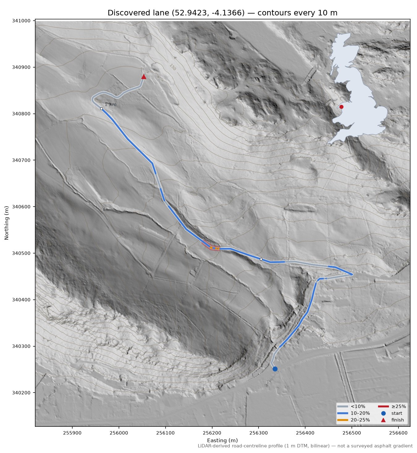 Discovered lane (52.9423, -4.1366) LiDAR hillshade map with contours
