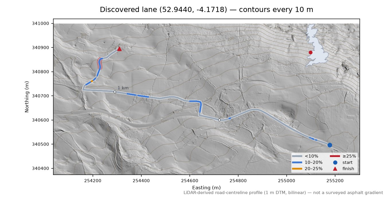 Discovered lane (52.9440, -4.1718) LiDAR hillshade map with contours