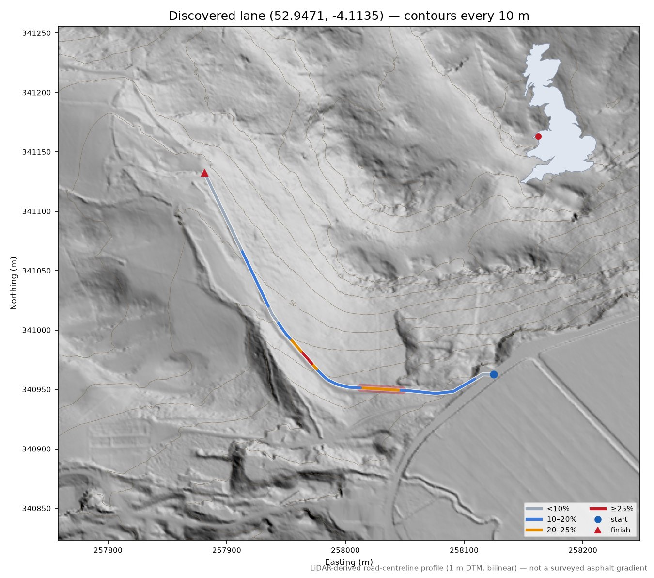 Discovered lane (52.9471, -4.1135) LiDAR hillshade map with contours