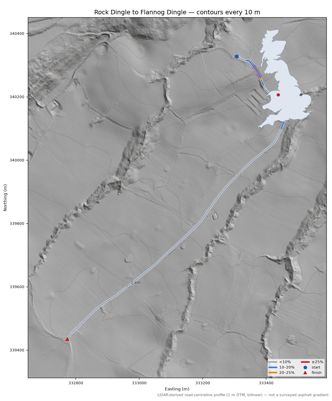 Rock Dingle to Flannog Dingle LiDAR hillshade map with contours