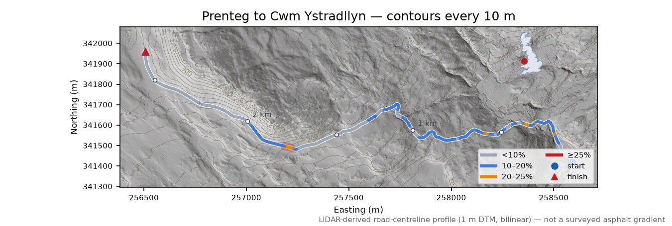 Prenteg to Cwm Ystradllyn LiDAR hillshade map with contours