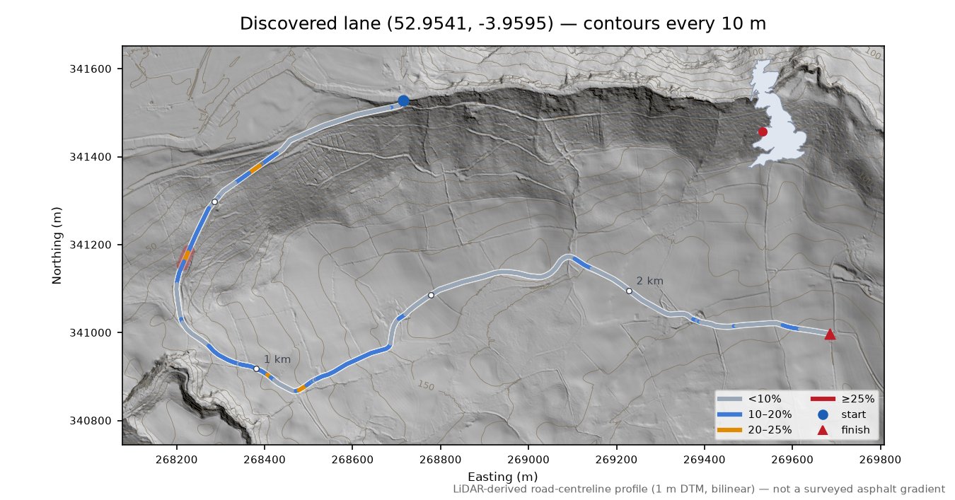 Discovered lane (52.9541, -3.9595) LiDAR hillshade map with contours