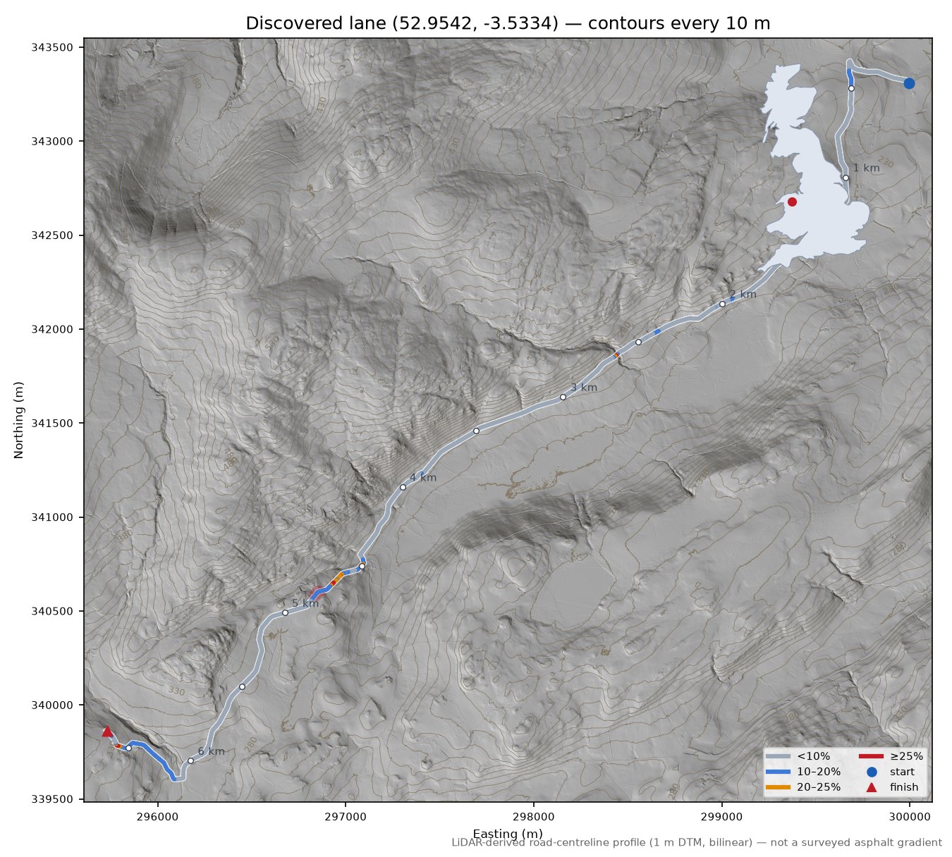 Discovered lane (52.9542, -3.5334) LiDAR hillshade map with contours