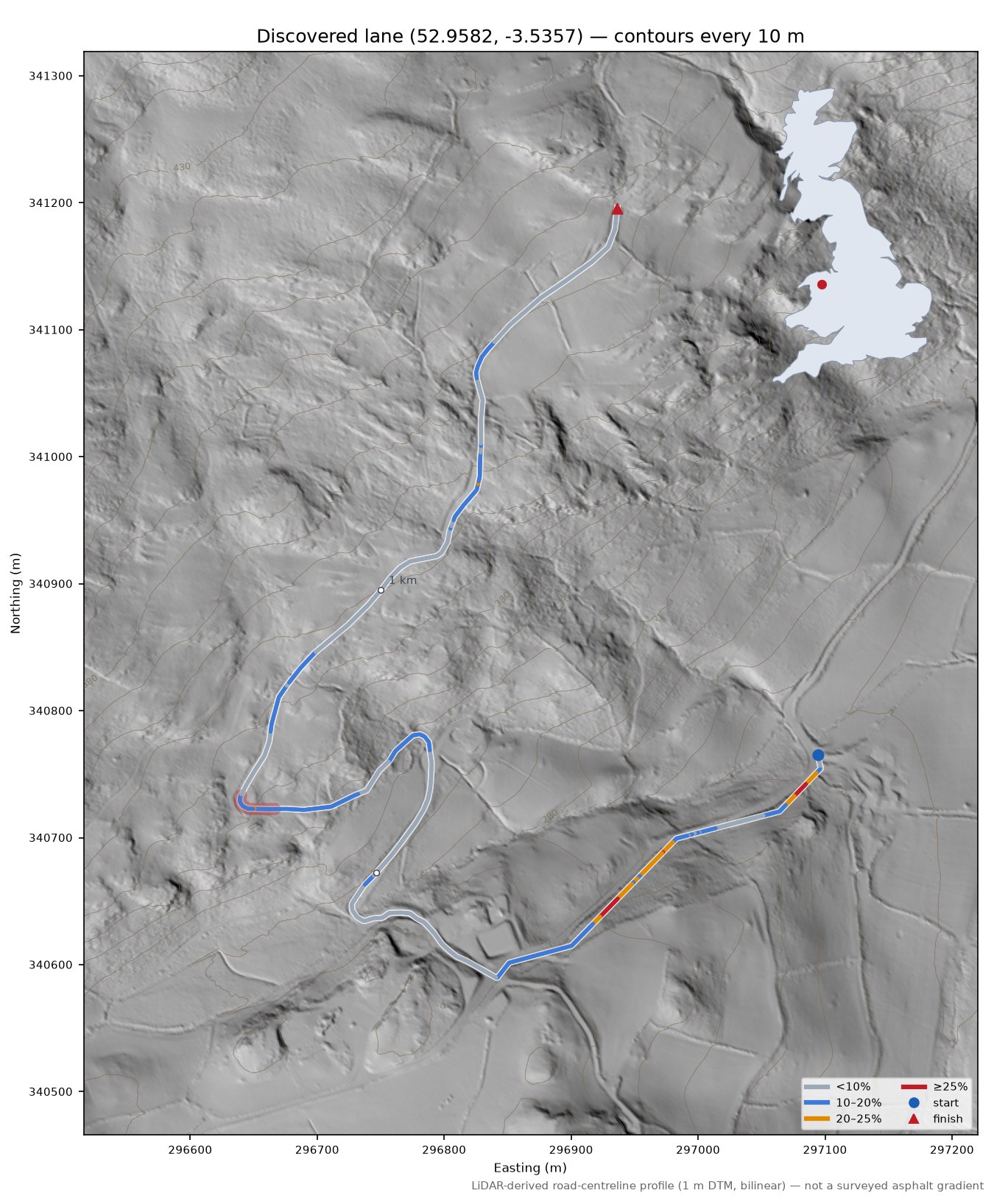 Discovered lane (52.9582, -3.5357) LiDAR hillshade map with contours