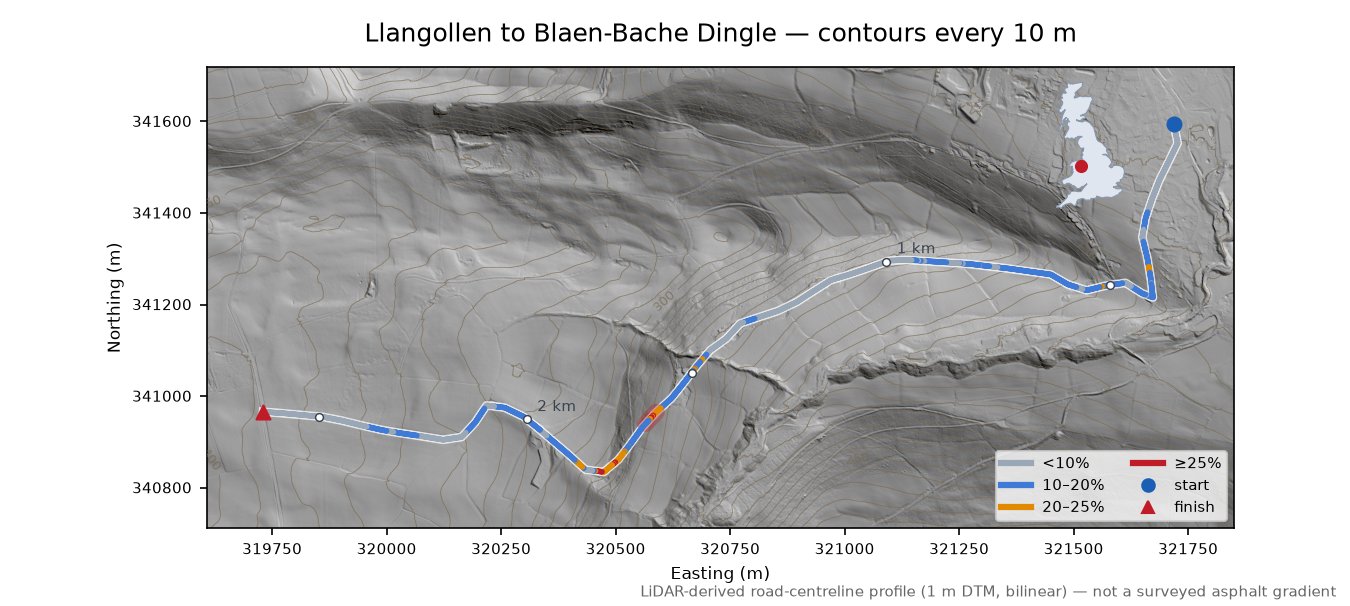 Llangollen to Blaen-Bache Dingle LiDAR hillshade map with contours