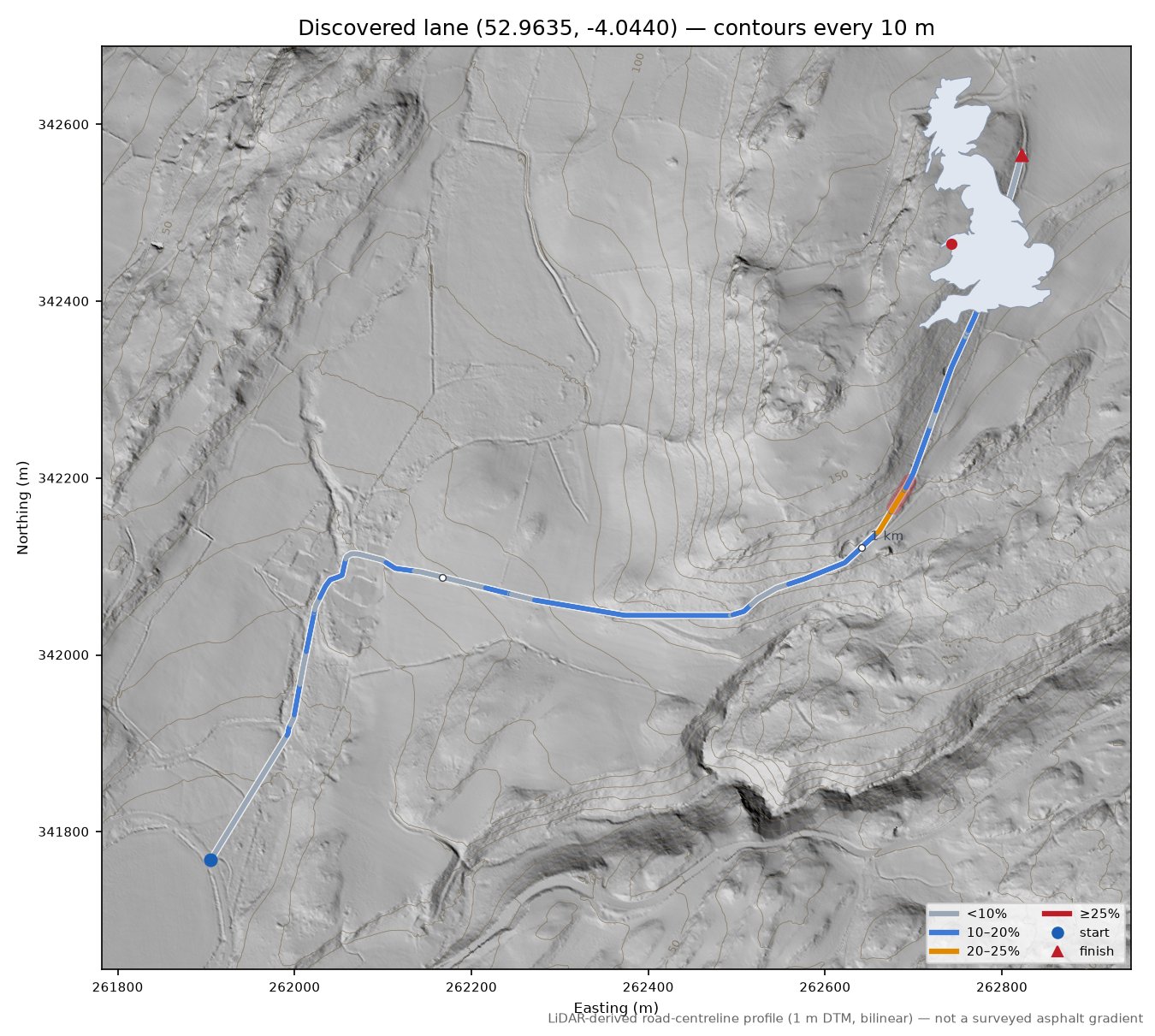 Discovered lane (52.9635, -4.0440) LiDAR hillshade map with contours