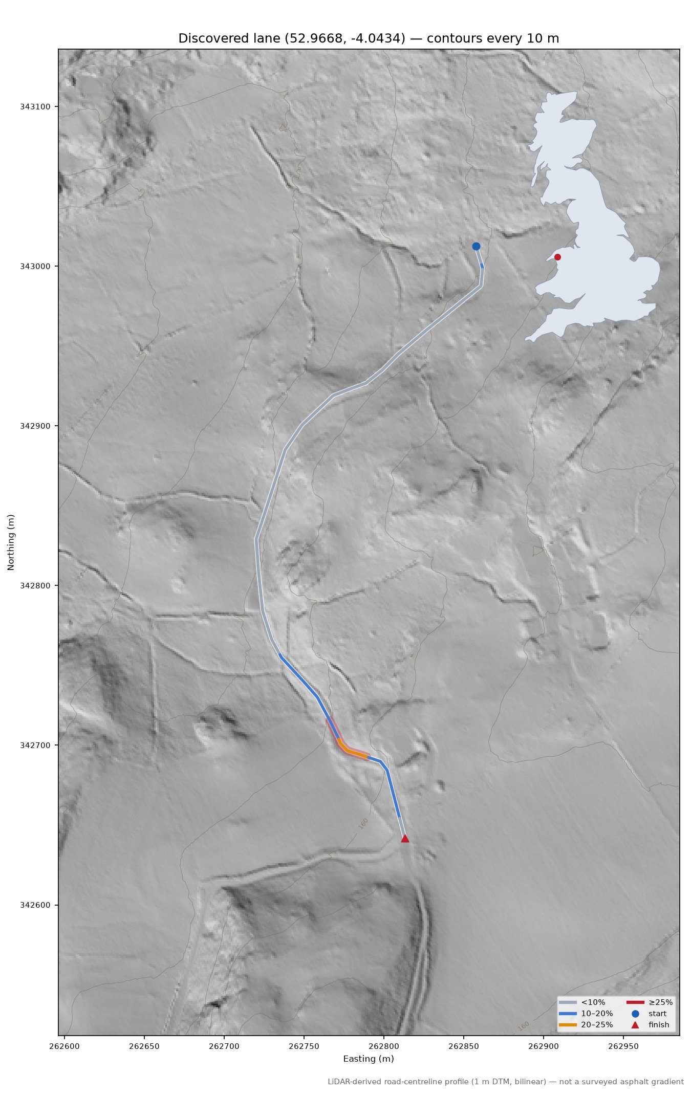 Discovered lane (52.9668, -4.0434) LiDAR hillshade map with contours