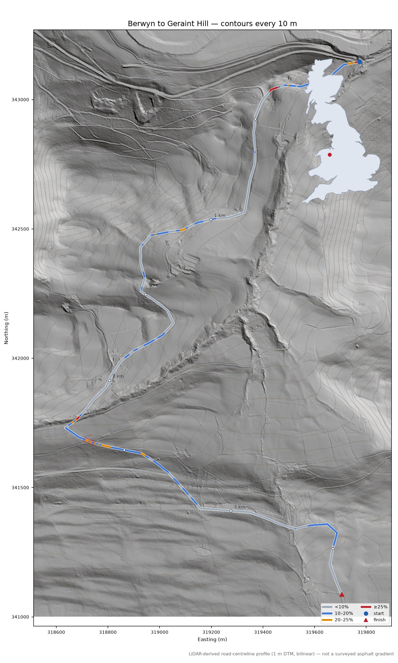 Berwyn to Geraint Hill LiDAR hillshade map with contours