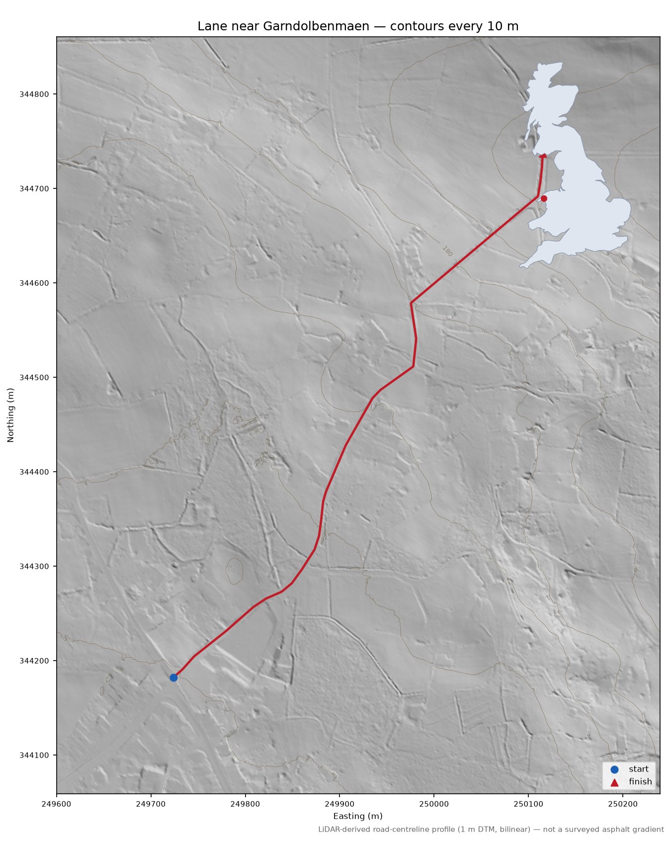 Lane near Garndolbenmaen LiDAR hillshade map with contours