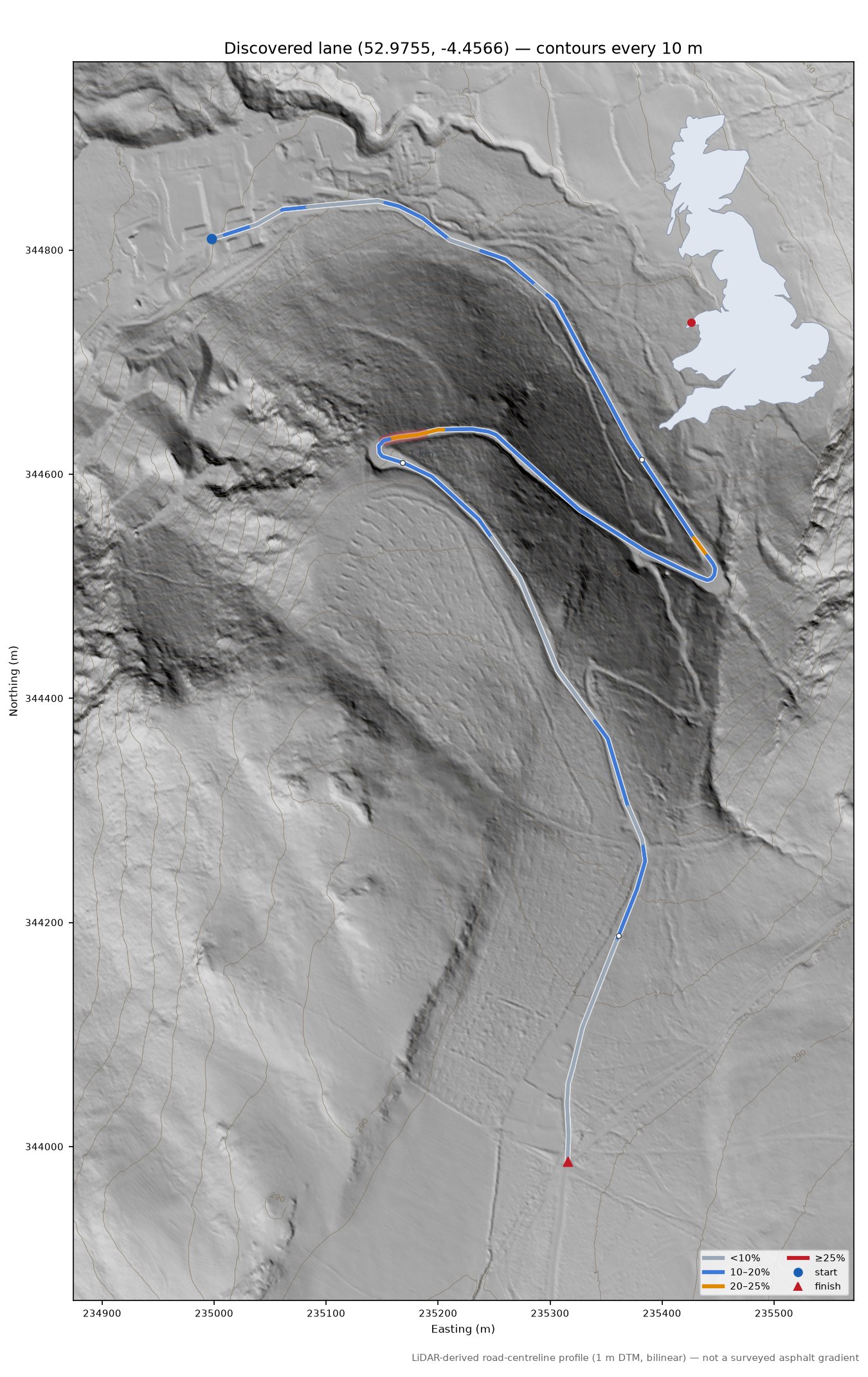 Discovered lane (52.9755, -4.4566) LiDAR hillshade map with contours