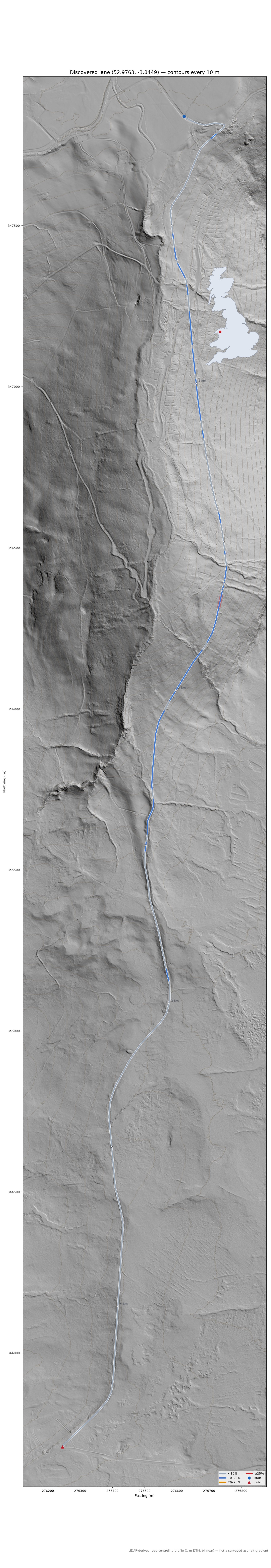Discovered lane (52.9763, -3.8449) LiDAR hillshade map with contours