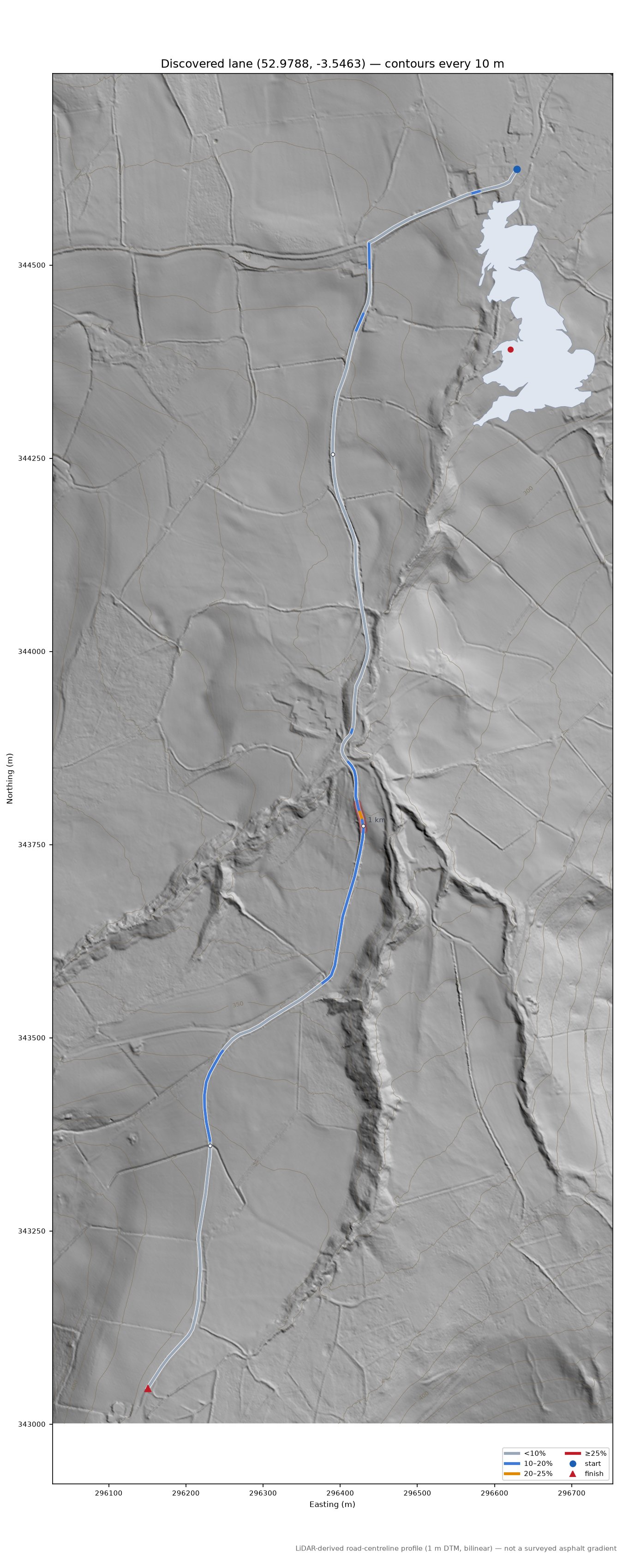 Discovered lane (52.9788, -3.5463) LiDAR hillshade map with contours