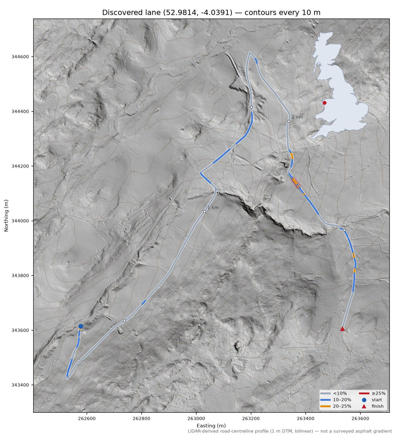 Discovered lane (52.9814, -4.0391) LiDAR hillshade map with contours