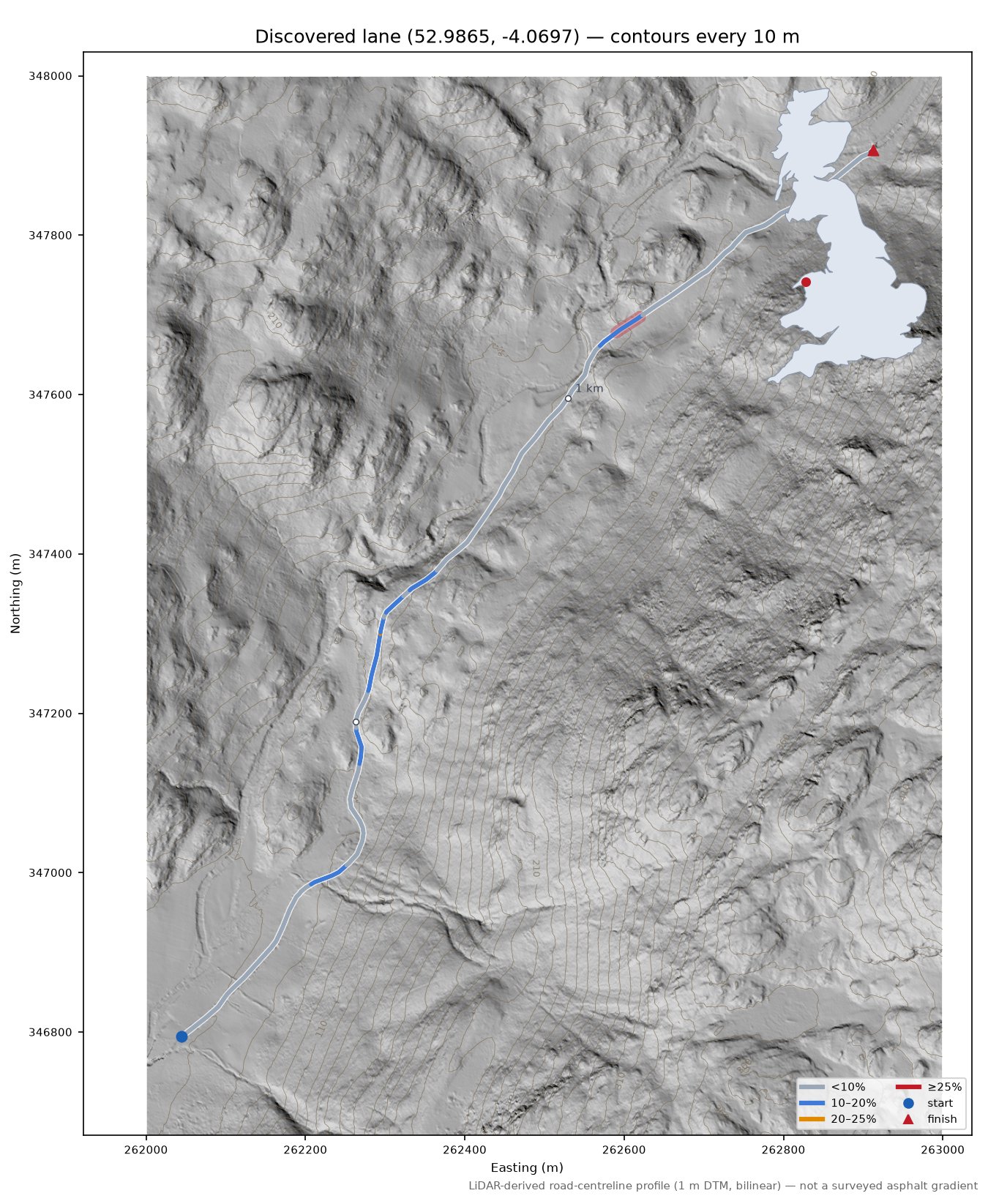 Discovered lane (52.9865, -4.0697) LiDAR hillshade map with contours