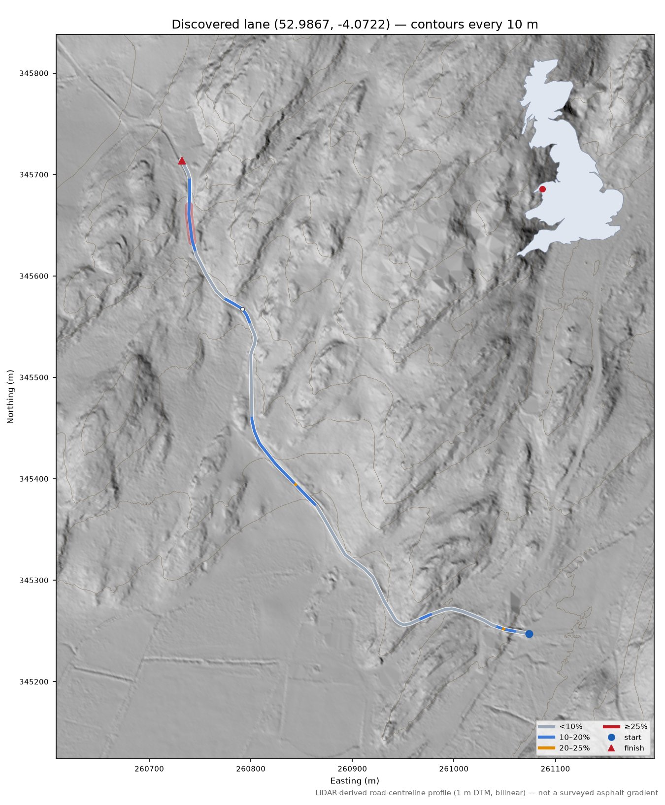 Discovered lane (52.9867, -4.0722) LiDAR hillshade map with contours