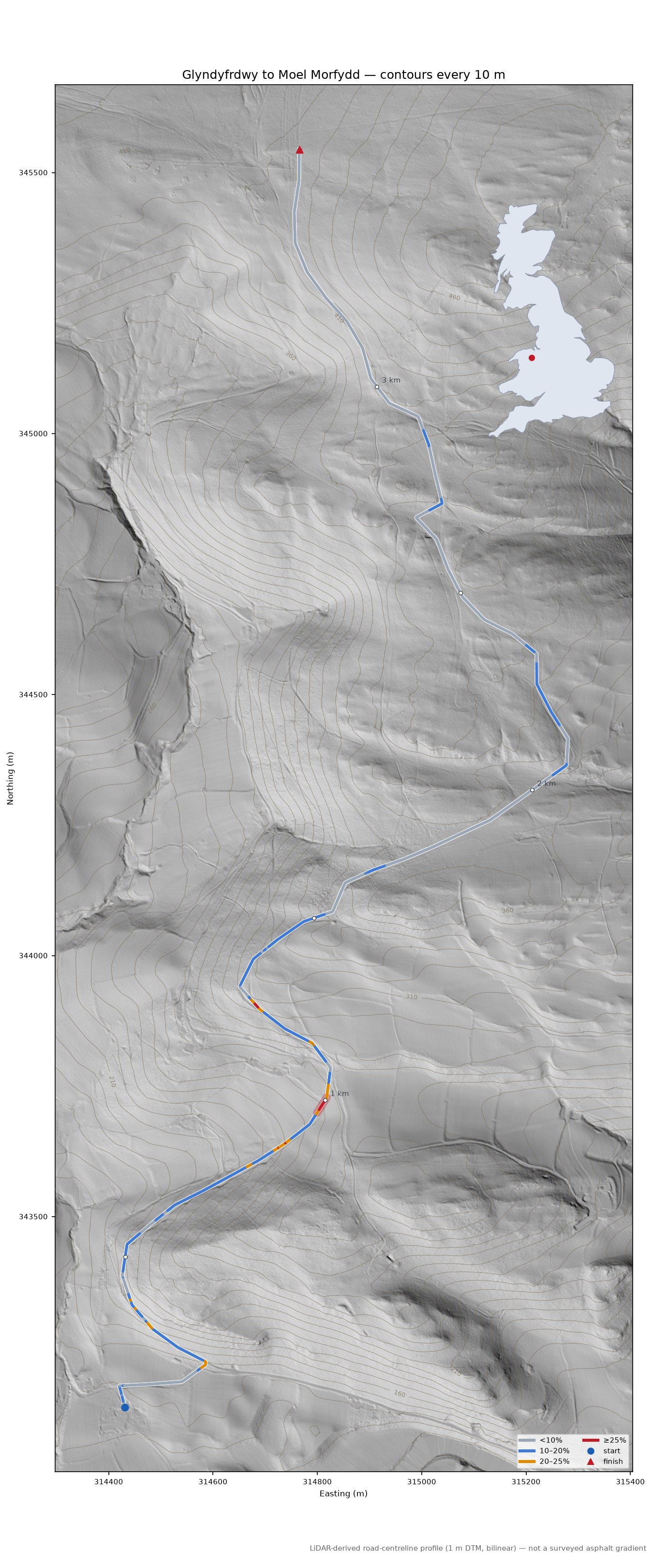 Glyndyfrdwy to Moel Morfydd LiDAR hillshade map with contours