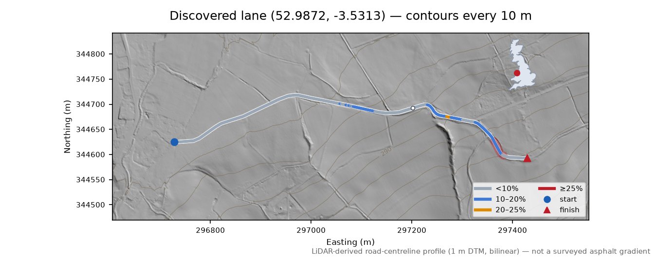 Discovered lane (52.9872, -3.5313) LiDAR hillshade map with contours