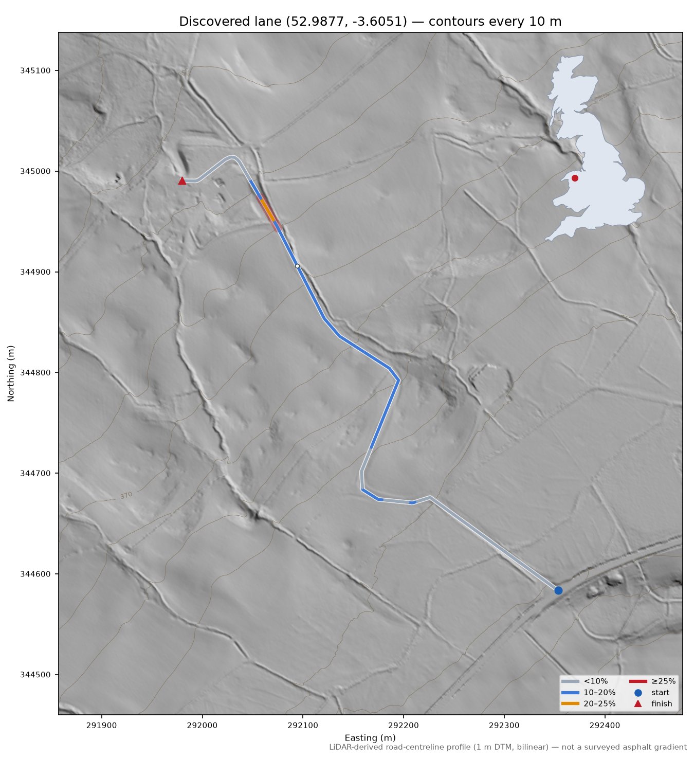 Discovered lane (52.9877, -3.6051) LiDAR hillshade map with contours
