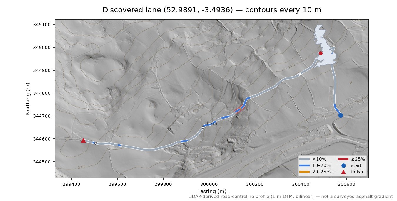 Discovered lane (52.9891, -3.4936) LiDAR hillshade map with contours