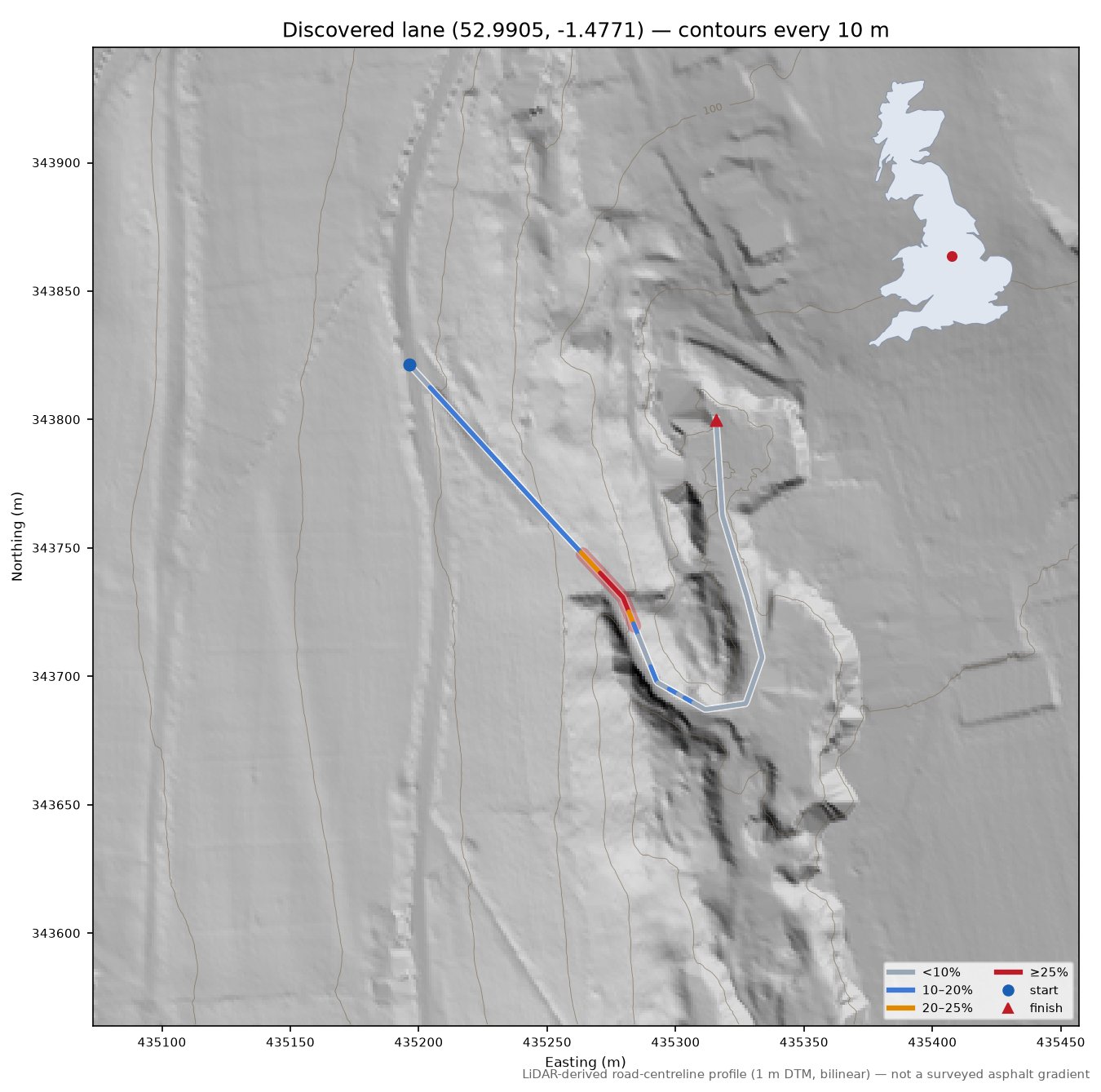 Discovered lane (52.9905, -1.4771) LiDAR hillshade map with contours