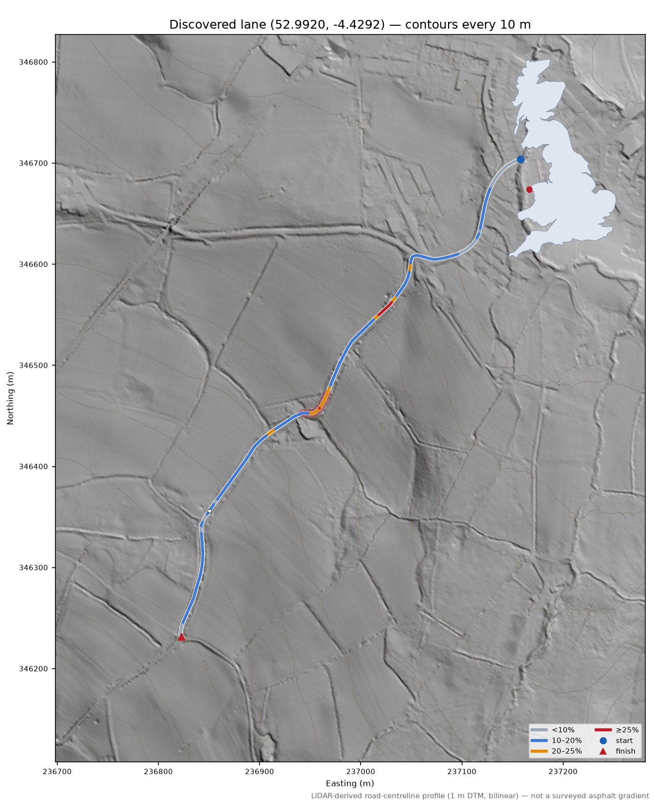 Discovered lane (52.9920, -4.4292) LiDAR hillshade map with contours