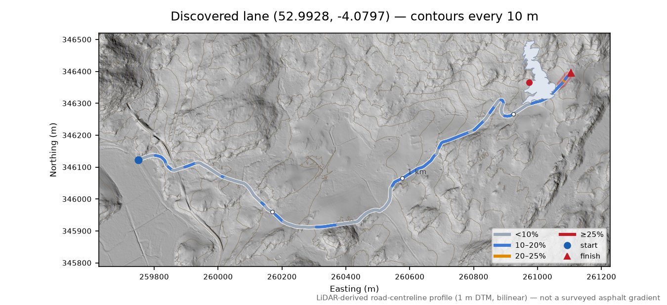 Discovered lane (52.9928, -4.0797) LiDAR hillshade map with contours
