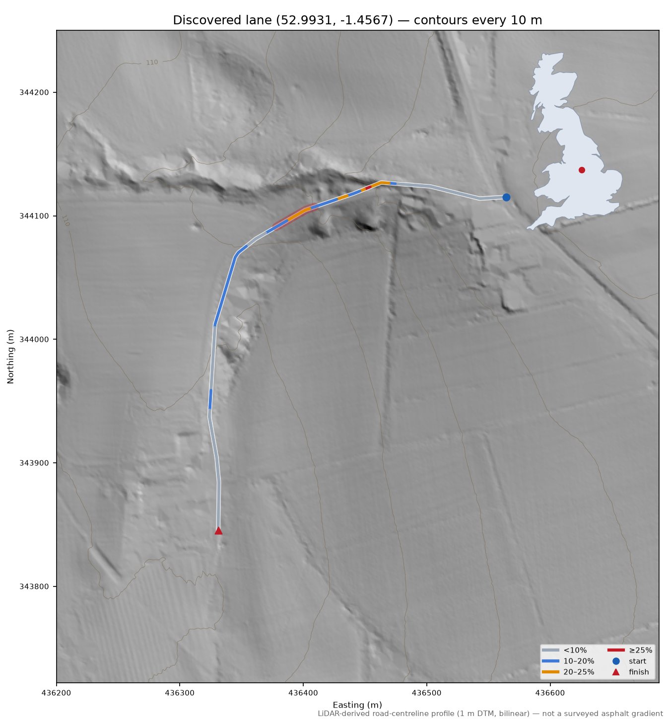 Discovered lane (52.9931, -1.4567) LiDAR hillshade map with contours