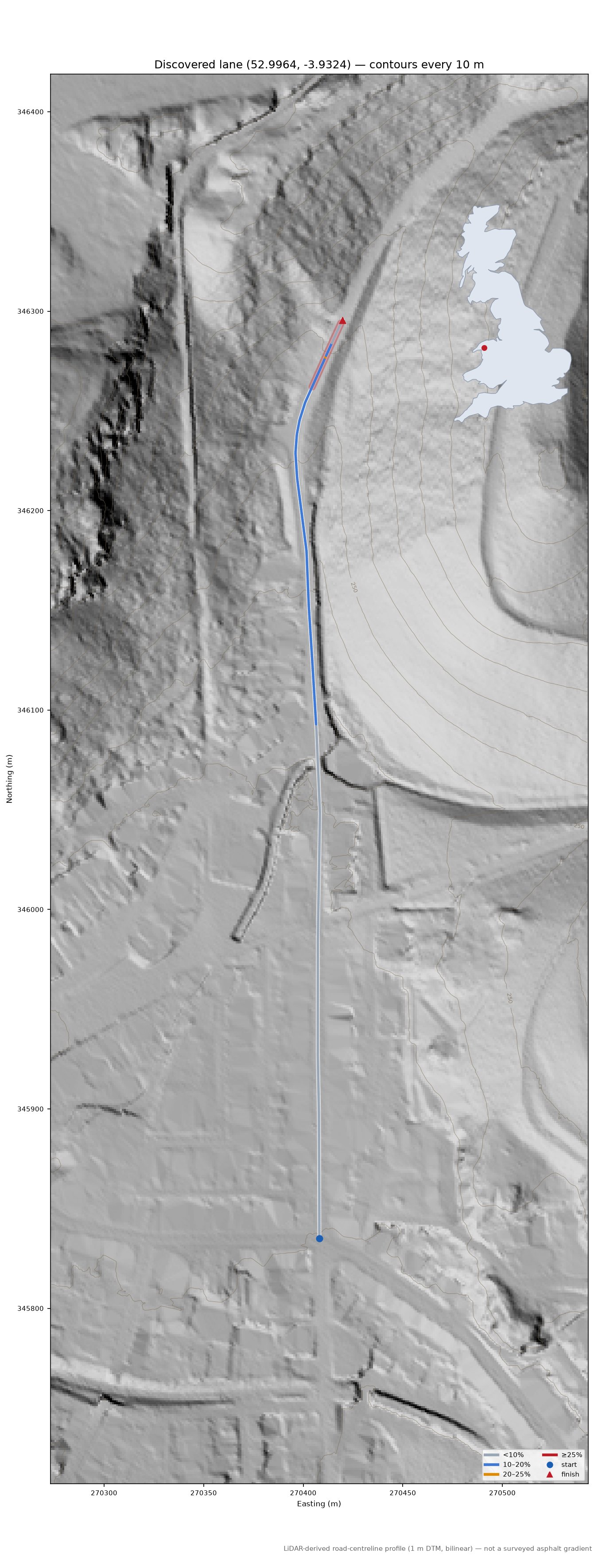 Discovered lane (52.9964, -3.9324) LiDAR hillshade map with contours