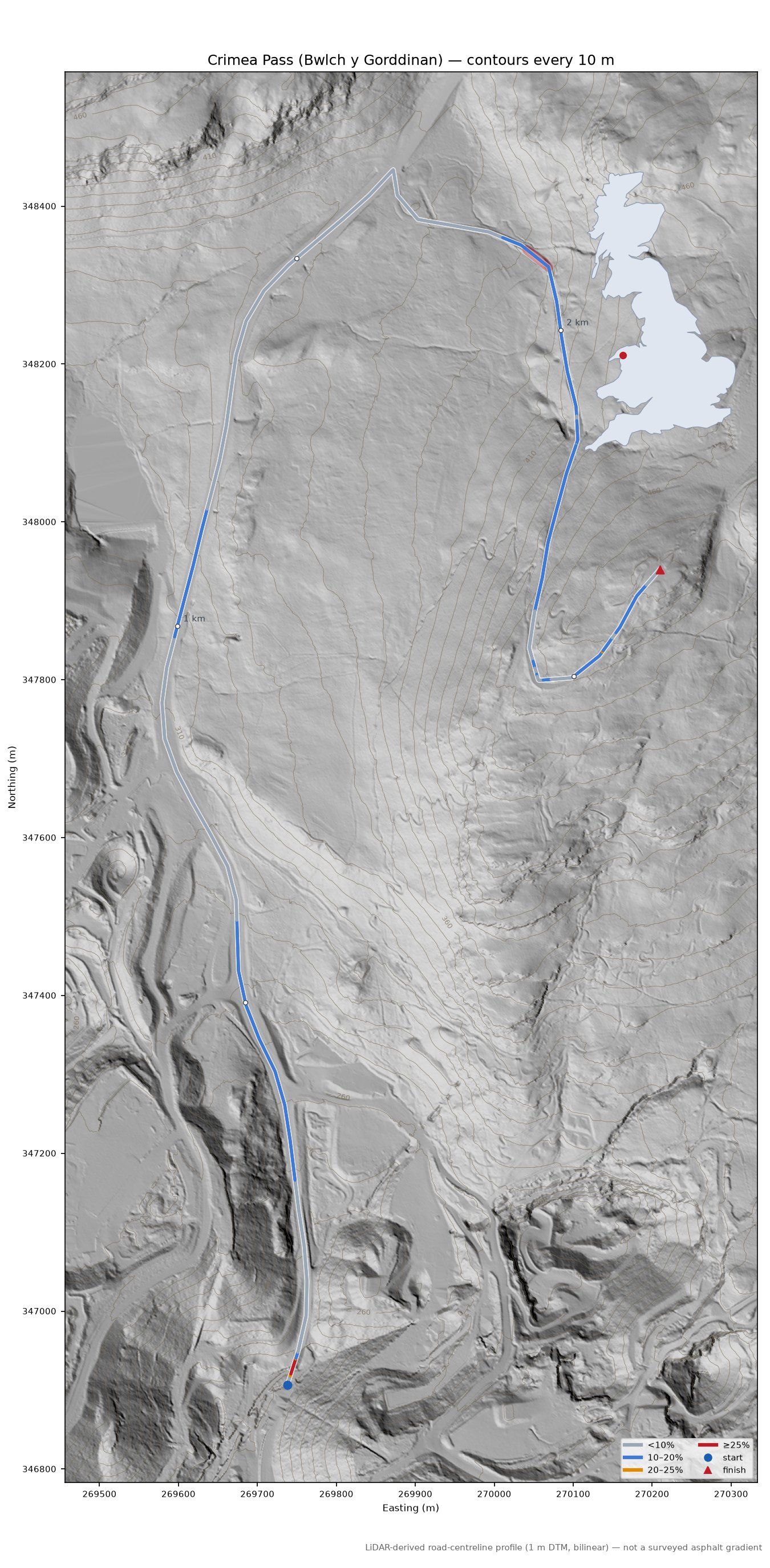 Crimea Pass (Bwlch y Gorddinan) LiDAR hillshade map with contours