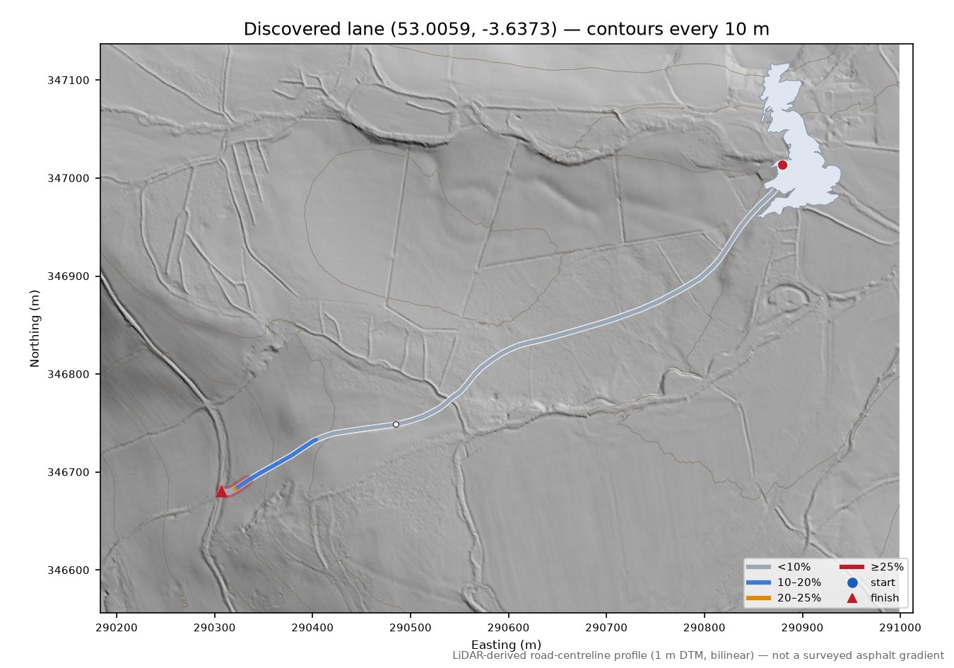 Discovered lane (53.0059, -3.6373) LiDAR hillshade map with contours