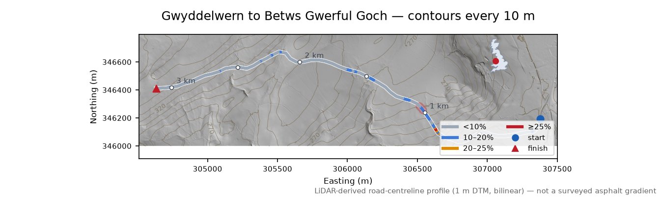 Gwyddelwern to Betws Gwerful Goch LiDAR hillshade map with contours