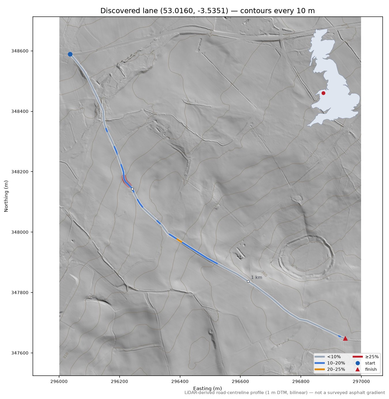 Discovered lane (53.0160, -3.5351) LiDAR hillshade map with contours