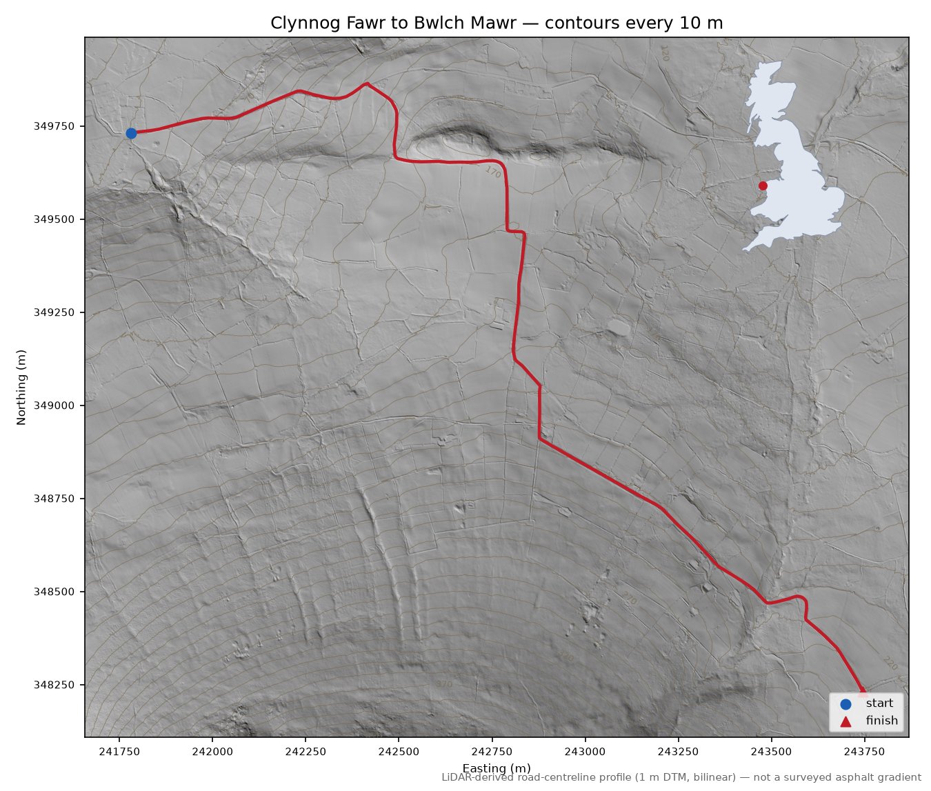 Clynnog Fawr to Bwlch Mawr LiDAR hillshade map with contours