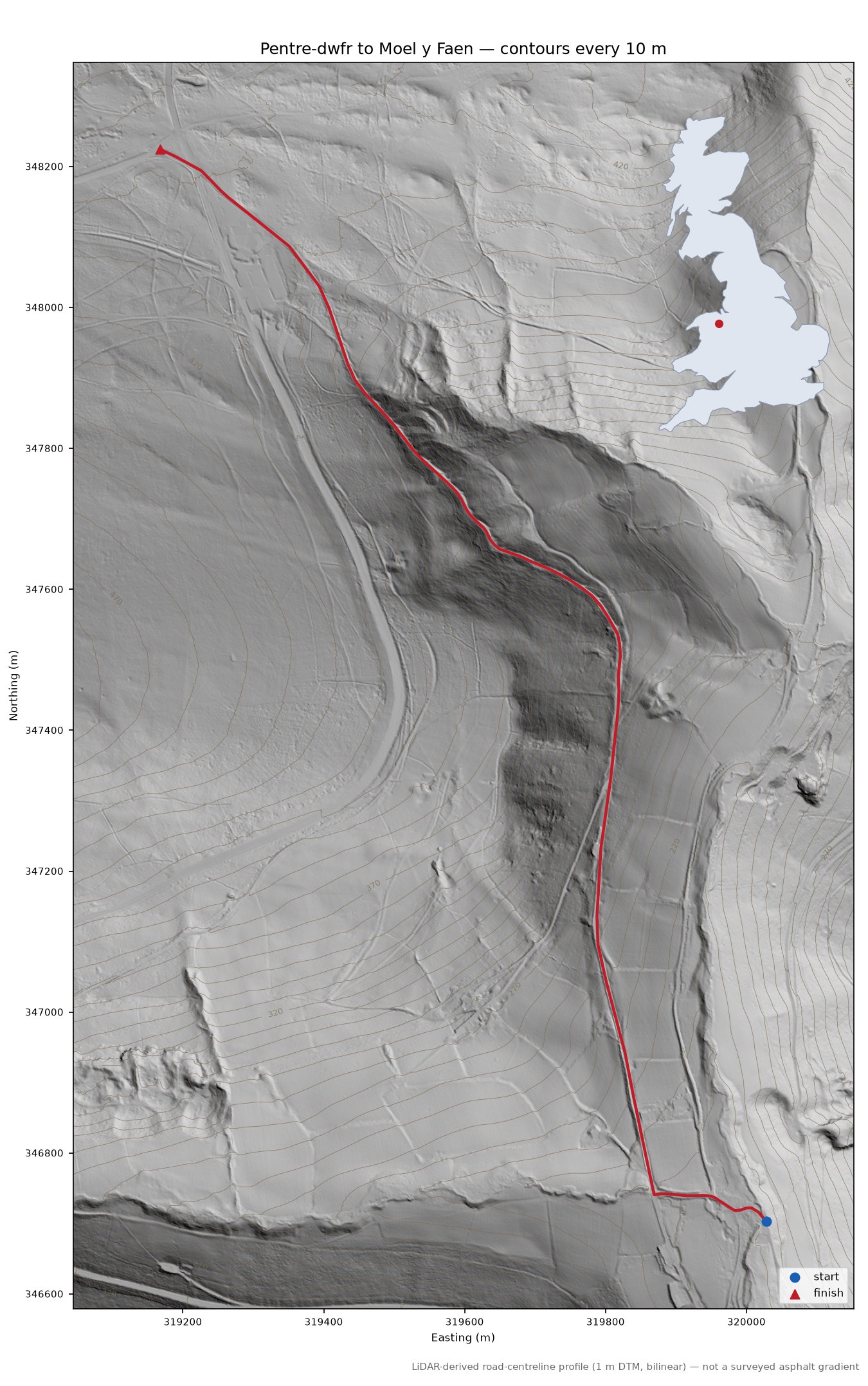 Pentre-dwfr to Moel y Faen LiDAR hillshade map with contours