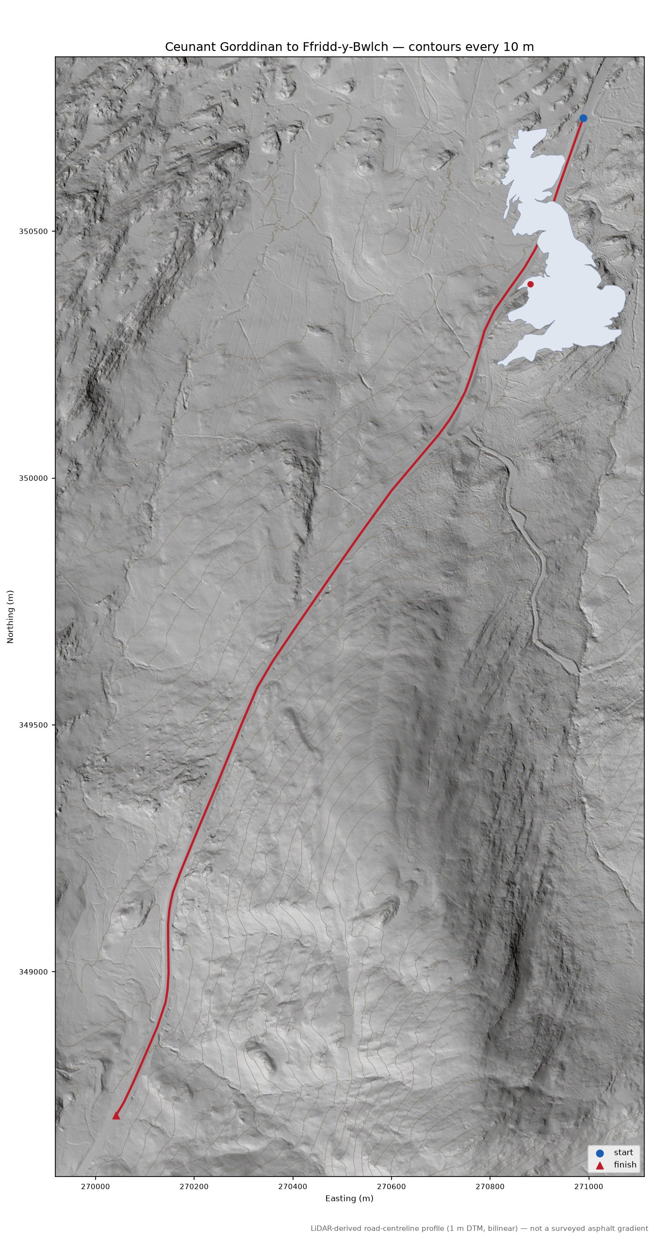 Ceunant Gorddinan to Ffridd-y-Bwlch LiDAR hillshade map with contours