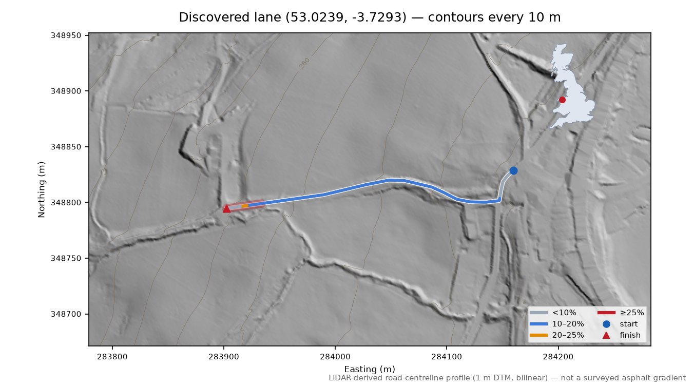 Discovered lane (53.0239, -3.7293) LiDAR hillshade map with contours